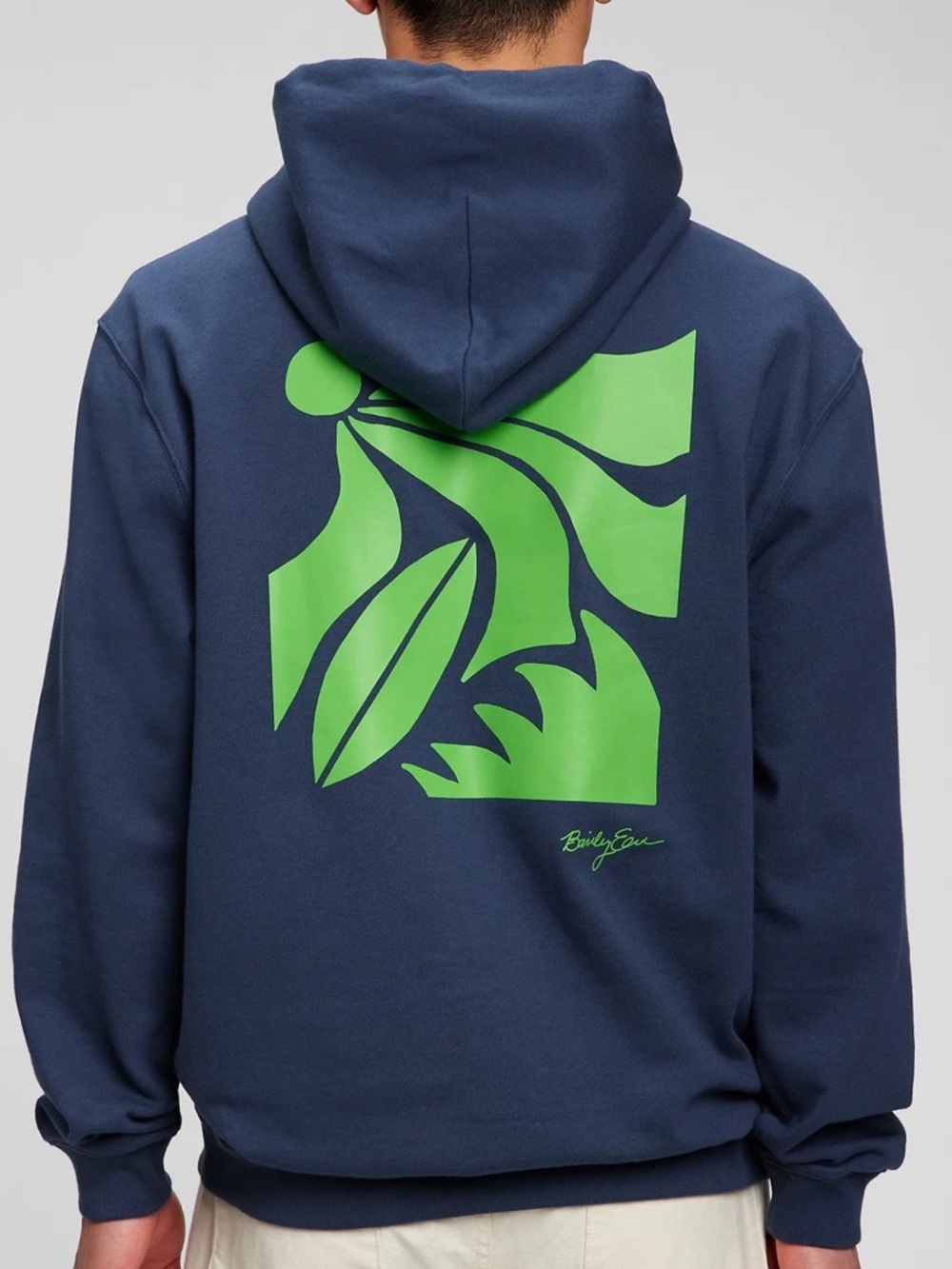 GAP x Bailey Elder. Navy Hoodie with Lime Green Leaf Graphic. Men M.
